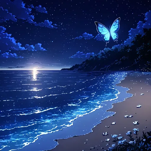 Prompt: anime, butterfly blue light, night, shore,sea