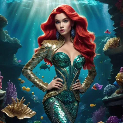 Prompt: (Ariel from the Little Mermaid) in a glamorous rock-inspired Balmain outfit, vibrant colors, edgy accessories, dramatic hairstyle, high fashion, oceanic background with a shimmering sea, captivating underwater ambiance, bright, dynamic lighting emphasizing details, captivating expression, ultra-detailed, cinematic masterpiece, creative blend of fantasy and fashion elements.