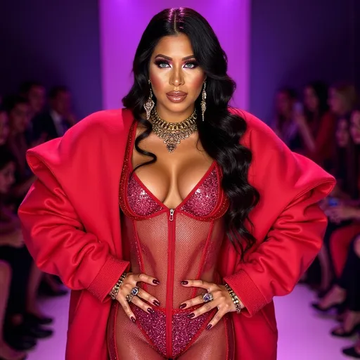 Prompt: Nicki Minaj (in a stunning Balmain outfit), confident pose, vibrant colors, ultra-detailed, fashion-forward, high fashion, striking makeup, bold accessories, captivating expression, luxurious textures, dramatic lighting, glamorous atmosphere, designer runway background, exquisite tailoring, contemporary style, 4K resolution, enthralling portrait, chic energy.