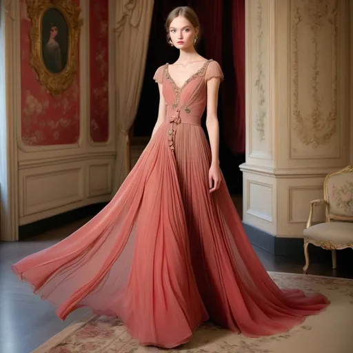 Prompt: (vintage red Valentino dress), exquisite detailing, soft flowing fabric, elegant silhouette, rich textures, muted colors, classic design, romantic ambiance, intricate embellishments, luxurious draping, timeless elegance, high fashion, (ultra-detailed), opulent background, ethereal lighting, enchanting atmosphere, highlighting the artistry of couture fashion.