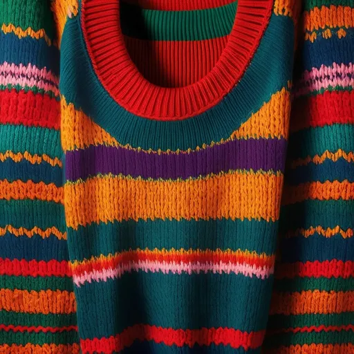 Prompt: High-resolution digital painting of a vibrant Benetton pullover, rich and colorful knit pattern, realistic fabric texture, detailed stitching, warm and cozy feel, bright and cheerful colors, professional illustration, best quality, detailed knit pattern, cozy, realistic fabric texture, vibrant colors, highres, professional, warm lighting