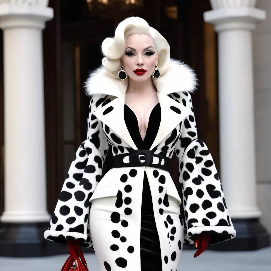 Prompt: A hyper realistic Amanda Lepore as Cruella in a Balenciaga very detailed and accurated 64k quality HD 3D outfit