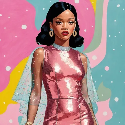 Prompt: Rihanna wearing Miu Miu transparent sequined Dress in a Wes Anderson scenario 