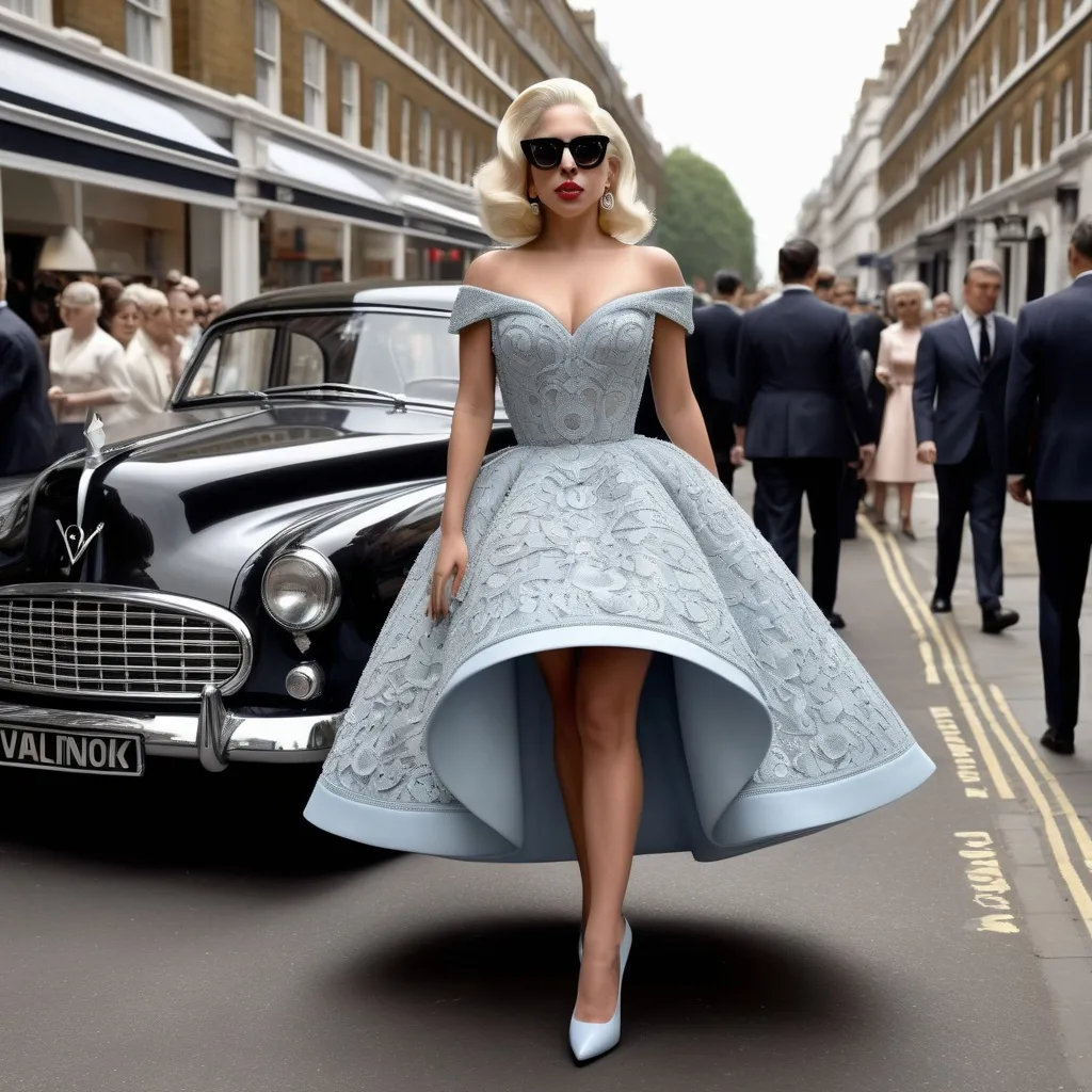 Prompt: Hyper Realistic and very detailed Lady Gaga wearing a hyper realistic and very detailed Valentino 50s look with a very detailed Valentino dress and very detailed Valentino shoes in the centre of a very accurate 50s London 64k Hd, very accurate 3D 