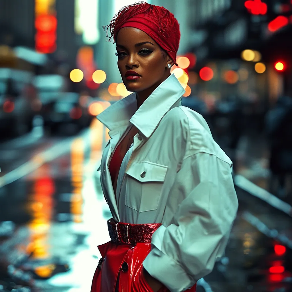 Prompt: (Rihanna), wearing (red high-heels high boots) and a (large white men's shirt), styled as a dress belt (around her waist), standing on a (cobblestone rainy street), with reflections in the (puddles), mood is (dramatic and urban). The scene is infused with (saturated colors), enhancing the contrast of the wet street against the attire, creating a visually striking (ultra-detailed) image.