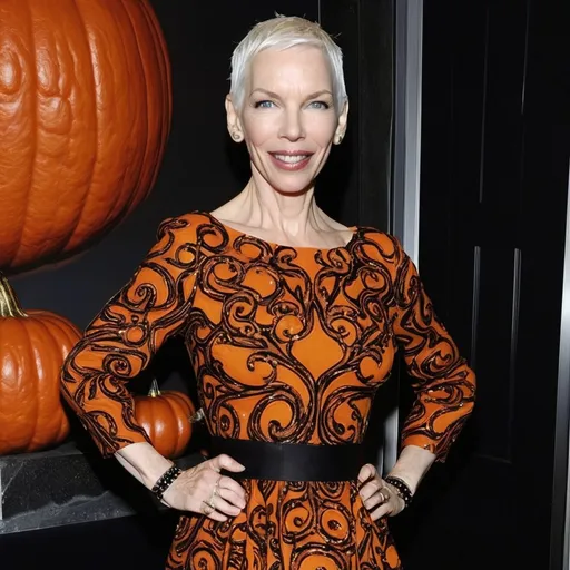 Prompt: Annie Lennox in Alaia pumpkin inspired dress