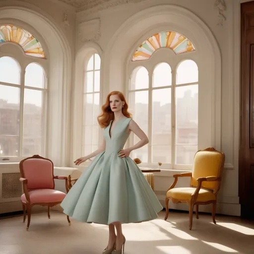 Prompt: Jessica Chastain as in a Wes Anderson Movie