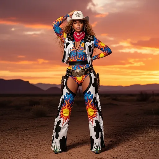 Prompt: Imagine a striking scene where Beyoncé stands confidently in a vibrant, form-fitting cowboy bodysuit, inspired by the bold aesthetics of Moschino, devoid of any logos. The bodysuit bursts with rich hues—electric blues, sun-kissed yellows, and fiery reds—patterned with whimsical motifs that sway with her dynamic pose. The setting is an expansive western landscape at sunset, with swirling clouds ablaze in oranges and pinks, casting a warm glow over the scene. She stands on a dusty trail, her hand resting on her hip, her expression fierce yet graceful, as her hair flows freely in the gentle evening breeze. The lighting is cinematic, highlighting her figure and casting dramatic shadows that enhance the scene's striking contrast. A dreamy vibrant style elevates this visual, tapping into the essence of modern fashion fused with classic western charm.