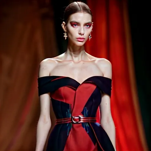 Prompt: Valentino fashion design, (elegant) haute couture, (luxurious) color palette, (sophisticated) detailing, (runway atmosphere), striking silhouettes, fabric draping, stunning accessories, dramatic poses, (vibrant red) highlights, (ultra-detailed), (high fashion tone), set against an opulent backdrop, (cinematic lighting), alluring ambiance, showcasing timeless beauty and art in fashion design.