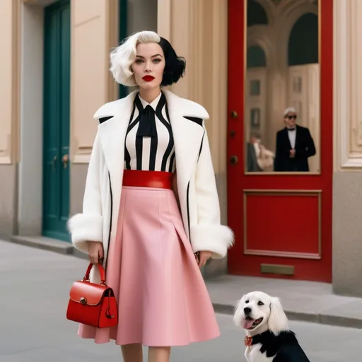 Prompt: Hyper realistic Cruella wearing a Miu Miu skirt outfit in a Wes Anderson Movie avoiding pink
