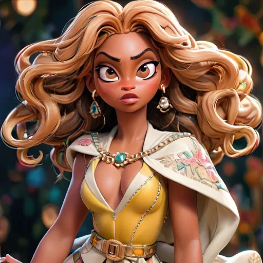 Prompt: Beyoncé, (iconic pose), powerful facial expression, stunning showcase of confidence, dynamic lighting highlighting her features, vibrant colors with a glamorous style, fashionable outfit adorned with intricate accessories, ethereal background with soft focus, delivering a sense of awe, (highly detailed), (4K resolution), cinematic essence.