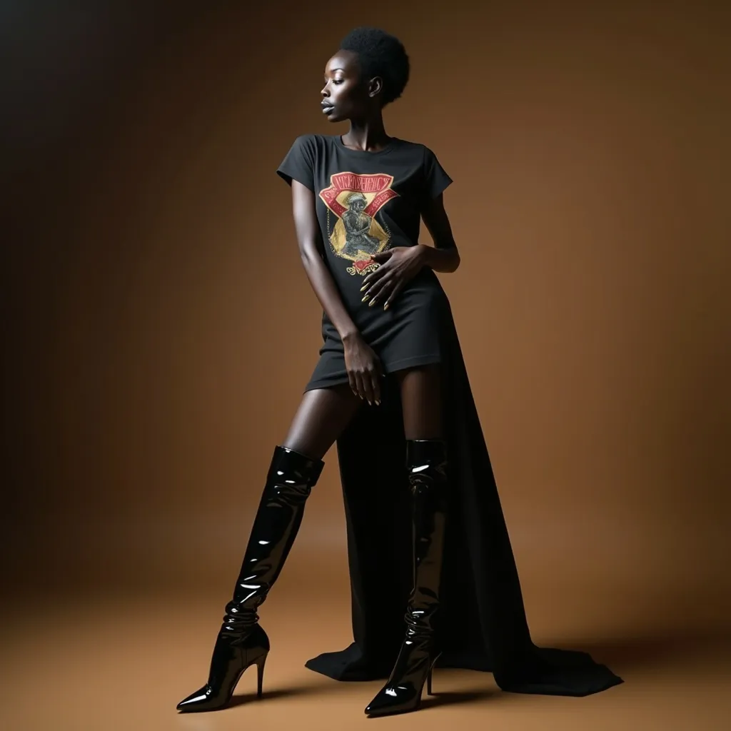 Prompt: (Alek Wek wearing Saint Laurent high heels over-the-knee boots), striking pose, showcasing her unique style, elegant and confident demeanor, (high-fashion), (glamorous), dramatic lighting, (high contrast), richly detailed textures of the boots, sophisticated background setting, warm tones, 4K ultra-detailed image, conveying modern fashion aesthetics, capturing elegance and strength, wearing a long vintage t-shirt with vintage prints as a dress 