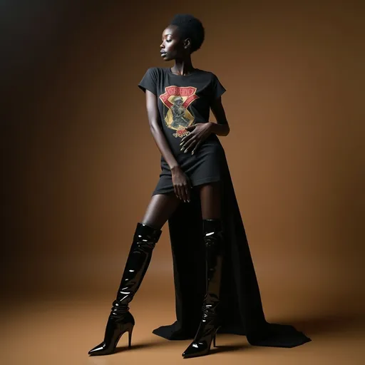 Prompt: (Alek Wek wearing Saint Laurent high heels over-the-knee boots), striking pose, showcasing her unique style, elegant and confident demeanor, (high-fashion), (glamorous), dramatic lighting, (high contrast), richly detailed textures of the boots, sophisticated background setting, warm tones, 4K ultra-detailed image, conveying modern fashion aesthetics, capturing elegance and strength, wearing a long vintage t-shirt with vintage prints as a dress 