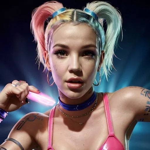 Prompt: (Halsey as Britney Spears), (striking resemblance), (iconic 90s outfit), vibrant colors, dramatic lighting, reminiscent of a music video, nostalgic ambiance, capturing essence of pop stardom, glamorous hairstyle, playful pose, energy of fame, detailed facial features, shimmering background, captivating gaze, HD, ultra-detailed.