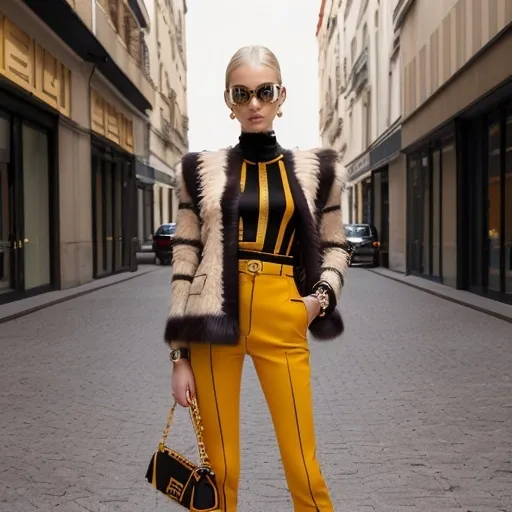 Prompt: (Fendi Outfit), stylish fashion, contemporary chic, luxurious textures, dynamic patterns, bold accessories, warm and inviting color tones, high fashion aesthetic, expertly tailored, ultra-detailed, sophisticated ambiance, high-end fashion photography, vibrant background with urban elements, sharp focus, (4K quality).