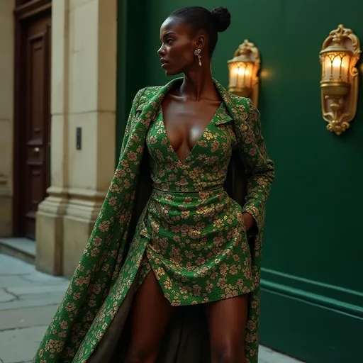 Prompt: (Alek Wek wearing Cavalli), striking elegance and defined silhouette, dramatic pose highlighting high fashion, luxurious fiber textures, deep and rich color palette of gold and emerald, showcasing intricate Cavalli designs, soft ambient lighting to emphasize the details, urban chic background to enhance the modern vibe, ultra-detailed, high-definition quality.