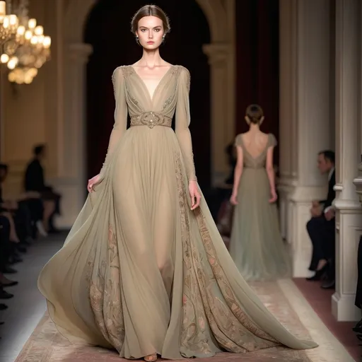 Prompt: (vintage Valentino dress), exquisite detailing, soft flowing fabric, elegant silhouette, rich textures, muted colors, classic design, romantic ambiance, intricate embellishments, luxurious draping, timeless elegance, high fashion, (ultra-detailed), opulent background, ethereal lighting, enchanting atmosphere, highlighting the artistry of couture fashion.