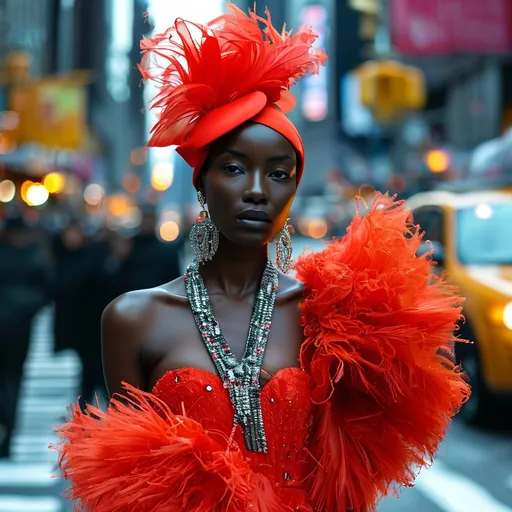 Prompt: (red plume dress, Manolo Blahnik shoes), vibrant colors, elegant fashion statement, striking amidst an urban backdrop, bustling streets of New York City, dramatic angles capturing the essence of city life, bright lights and modern architecture, high fashion atmosphere, (ultra-detailed), (4K) quality, stylish and cosmopolitan ambiance.