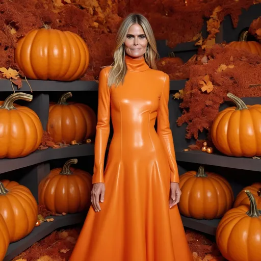 Prompt: (Heidi Klum in a Jil Sander Halloween pumpkin-inspired dress), vibrant colors, dramatic design, elegant yet playful, high fashion elegance, intricate details, cozy autumn ambiance, soft lighting, surrounded by pumpkin decorations, imaginative and whimsical setting, high quality, ultra-detailed craftsmanship, fashion-forward style, rich textures, luxurious fabric, 4K resolution, captivating scene.