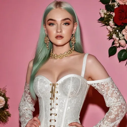 Prompt: Kim Petras wearing Dolce&Gabbana lace corset glittered dress