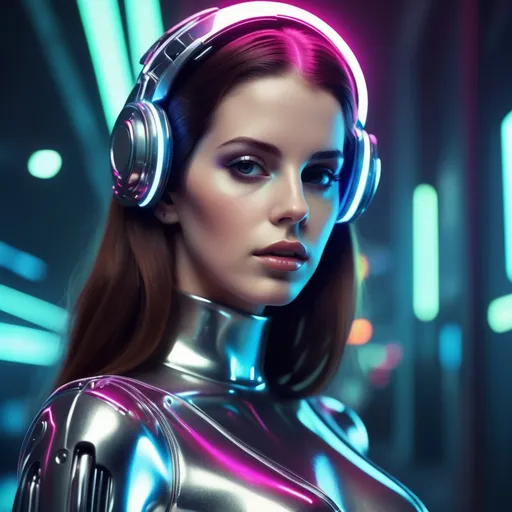 Prompt: Lana Del Rey as a (futuristic cyborg), sleek metallic enhancements, (detailed facial features) with a dreamy expression, stylish attire blending classic glamour and cyberpunk elements, ethereal neon colors, cool tone lighting, set against a (moody urban backdrop), capturing a fusion of vintage and modern aesthetics, (ultra-detailed), cinematic atmosphere, evoking a sense of melancholy and wonder.