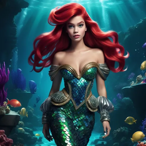 Prompt: (Ariel from the Little Mermaid) in a glamorous rock-inspired Balmain outfit, vibrant colors, edgy accessories, dramatic hairstyle, high fashion, oceanic background with a shimmering sea, captivating underwater ambiance, bright, dynamic lighting emphasizing details, captivating expression, ultra-detailed, cinematic masterpiece, creative blend of fantasy and fashion elements.