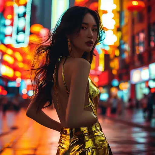 Prompt: (Chinese top model), wearing dazzling (golden hot pants), elegantly striding through vibrant Shanghai streets, illuminated by colorful city lights, modern skyscrapers reflecting a lively atmosphere, stylish and confident pose, warm hues highlighting the evening ambiance, bustling urban background, ultra-detailed, photorealistic depiction showcasing fashion and dynamic energy.