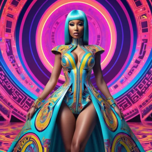 Prompt: (versatile cyber dress design), inspired by Nicki Minaj, opulent Versace style, vibrant colors, futuristic elements, intricate patterns, luxurious fabrics, playful tailoring, sophisticated silhouette, dynamic lighting, high fashion prominence, ultra-detailed, modern ambiance, making a bold statement, captivating background with digital motifs, 4K resolution.