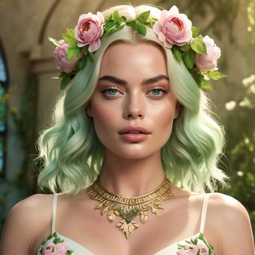 Prompt: HD 4k 3D Margot Robbie hyper realistic, professional modeling, ethereal Greek goddess of spring, pastel pink hair, pale skin, gorgeous face, floral embroidered gown, pastel jewelry and floral crown, full body, embodiment of Springtime, lush greenery, vegetation, and flora, detailed, elegant, ethereal, mythical, Greek, goddess, surreal lighting, majestic, goddesslike aura