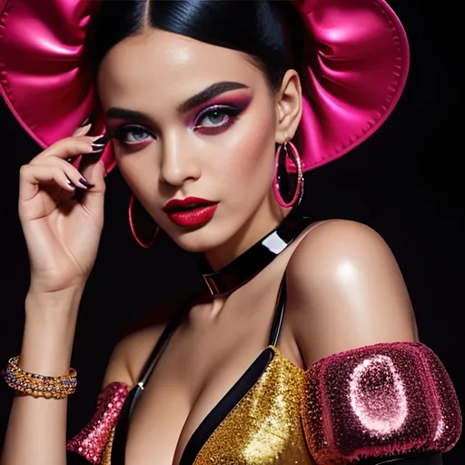 Prompt: Lolita wearing DSquared2, high fashion, vibrant colors, glamorous makeup, glossy textures, high-end couture, professional photography, high quality, glamorous, vibrant, high fashion, glossy textures, professional lighting
