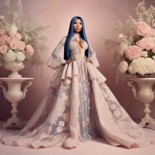 Prompt: Nicki Minaj in a (very delicate) Valentino dress, elegant pose, ethereal ambiance, intricate lace details, flowing fabric, soft pastel colors, graceful silhouette, gentle lighting, (high fashion), (4K), stylish background with floral accents, captivating expression, modern glamour, showcasing sophisticated beauty, luxurious atmosphere, ultra-detailed texture.