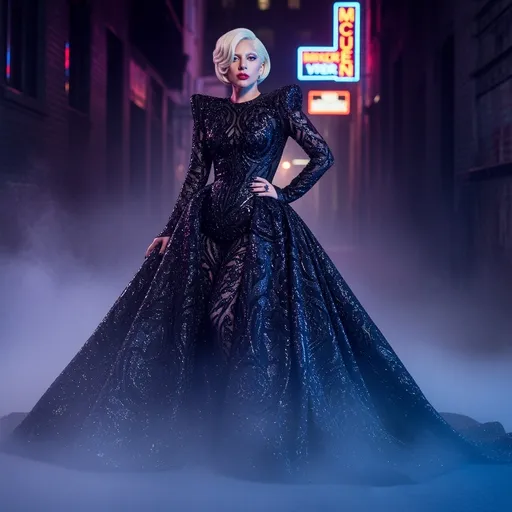 Prompt: Envision a striking scene featuring Lady Gaga, adorned in an exquisite Alexander McQueen gown that cascades dramatically around her like liquid darkness, intricate patterns glinting in the subtle light. The backdrop is a dimly lit urban alley, shrouded in an ethereal fog that swirls around her feet, enhancing the air of mystique. A soft glow emanates from neon signs flickering in the distance, casting vibrant hues of blue and purple that dance across her avant-garde outfit. Lady Gaga stands confidently, one hand on her hip, her expression a blend of fierce determination and playful allure, eyes glimmering with an otherworldly sparkle. The overall atmosphere is a mix of high fashion and captivating, dark fantasy. This scene could be brought to life with cinematic lighting, capturing the drama and elegance of the moment.