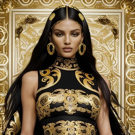 Prompt: Versace motif, (luxurious) fashion, intricate patterns, (opulent gold accents), bold colors, (iconic Medusa head), (dynamic textile design), high-end runway style, chic accessories, glamorous atmosphere, striking interior background, rich textures, ultra-detailed, (celebrity elegance), vibrant colors and highlights, sophisticated trends, captivating visual impact, HD quality.