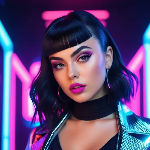 Prompt: Charli XCX in hyperpop style, vibrant colors, futuristic setting, holographic effects, high energy, neon lights, glossy textures, digital art, 3D rendering, high saturation, surreal atmosphere, hyper-detailed, pop music, dynamic pose, vibrant visuals, highres, hyperpop, futuristic, holographic, vibrant colors, 3D rendering, dynamic, surreal, glossy textures, neon lights, digital art, energetic, high saturation, futuristic setting, detailed facial features, professional lighting
