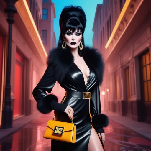 Prompt: (Elvira character), stylish and alluring, dressed in iconic Fendi designs, (high-fashion pose), dramatic makeup, expressive hairstyle, luxurious textures, glamorous accessories, vibrant color palette, (urban chic background), soft lighting effects highlighting the outfit, ethereal ambiance, (4K) quality, ultra-detailed.