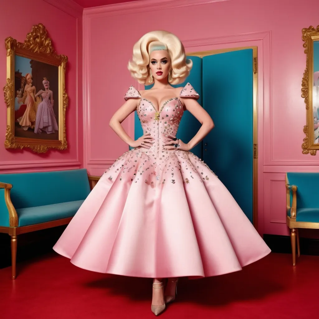 Prompt: Highly detailed image of Katy Perry as Lady Gaga as Amanda Lepore wearing a very glamorous and high fashionable highly detailed 64k 3D dress by Prada in a detailed Wes Anderson world 