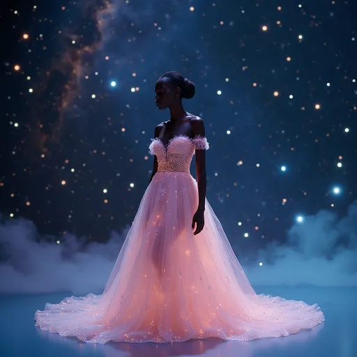 Prompt: Alek Wek in a (delicate Miu Miu outer space dress), ethereal beauty, cosmic theme, elegantly posed, vibrant starry background filled with twinkling galaxies, soft glowing nebulae, ethereal lighting highlighting the subtle colors of the dress, high-fashion allure, serene yet otherworldly ambiance, ultra-detailed, 4K quality, capturing the essence of a celestial fashion journey.