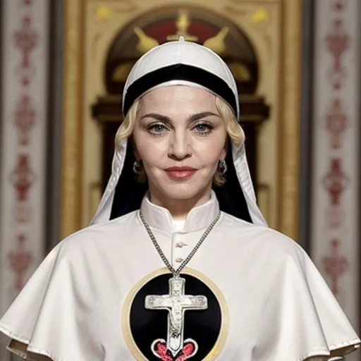 Prompt: Madonna as The Pope wearing Moschino