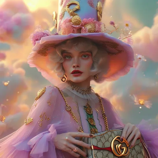 Prompt: (Glinda wearing Gucci), a whimsical character inspired by a fantasy world, elegant gown layered with (vibrant pastels), adorned with subtle sparkles, stylish handbag with the iconic Gucci print, surrounded by magical elements like floating orbs or soft clouds, cheerful and enchanting ambiance, set against a dreamy, surreal background with a warm, ethereal glow, ultra-detailed, high-quality illustration.