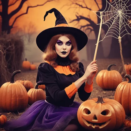 Prompt: (Photorealistic vintage picture), 60s Halloween theme, (hot witch), wearing a classic black and orange witch outfit, playful pose, exaggerated makeup, magic wand in hand, spooky atmosphere, décor of pumpkins and cobwebs, warm orange and purple tones, enticing vintage filter, (ultra-detailed quality), nostalgic vibe, whimsical and charming setting, enchanting background with a full moon.