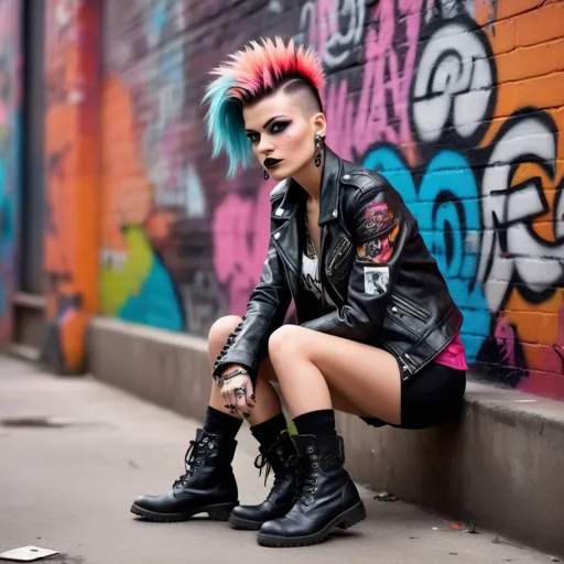 Prompt: (Coco Chanel reimagined as a punk), vibrant colors, edgy fashion style, DIY accessories, mohawk hairstyle, leather jacket, and combat boots, rebellious attitude, (bold eyeliner), dramatic lighting, artistic expression, background of a graffiti-covered urban setting, lively atmosphere, high detail, 4K, ultra-detailed, striking contrast between classic elegance and punk aesthetics.