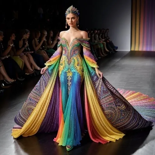 Prompt: Fashion illustration of an extravagant Etro Pride Month dress, vibrant rainbow colors, flowing and ethereal fabric, intricate embroidery detail, high fashion, artistic, couture, pride month celebration, high quality, detailed, colorful, artistic style, soft lighting