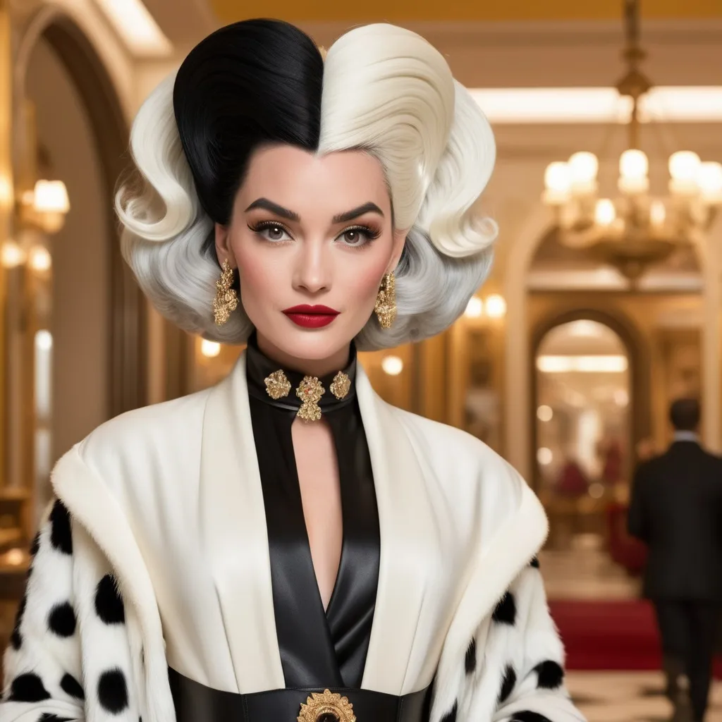 Prompt: Hyper realistic Cruella with half hair white and half black wearing a very detailed Dolce&Gabbana Outfit in a Wes Anderson Movie avoiding pink