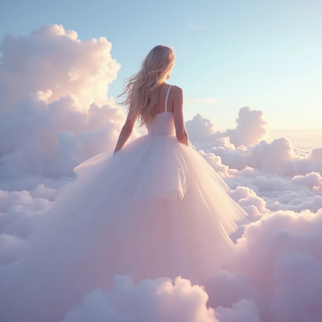 Prompt: (Claudia Schiffer), wearing a (soft cloud dress), ethereal atmosphere, floating gracefully among (fluffy clouds), dreamy background, gentle light illuminating the scene, soft pastel colors, serene and tranquil mood, high-resolution, ultra-detailed, celestial ambiance, sky blending shades of blue, pink, and lavender, capturing a whimsical and enchanting moment.