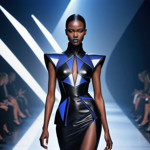 Prompt: (Mugler fashion), high fashion aesthetic, bold silhouettes, dramatic structure, avant-garde, sleek lines, geometric shapes, (edgy) color palette, luxurious fabrics, (futuristic) accessories, striking details, atmospheric lighting, captivating runway backdrop, (high-quality) ultra-detailed, fashion-forward ambiance.