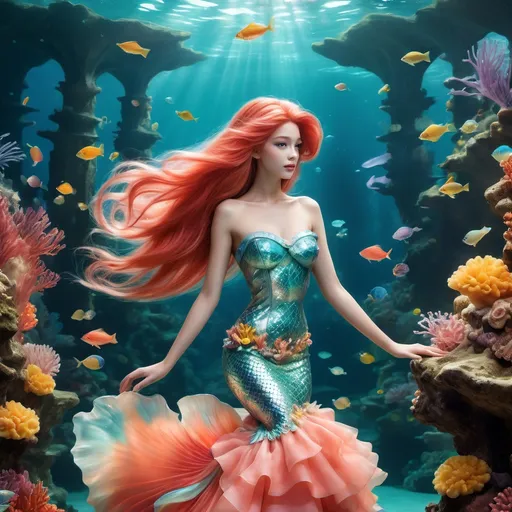 Prompt: (Ariel wearing Fendi), (underwater scene), vibrant colors, ethereal lighting, whimsical atmosphere, flowing hair, sparkling fish around her, luxurious Fendi attire, intricate details on clothing, mermaid tail glistening, coral reef backdrop, HD, ultra-detailed, enchanting style, playful and elegant vibe, fashion-forward underwater princess.