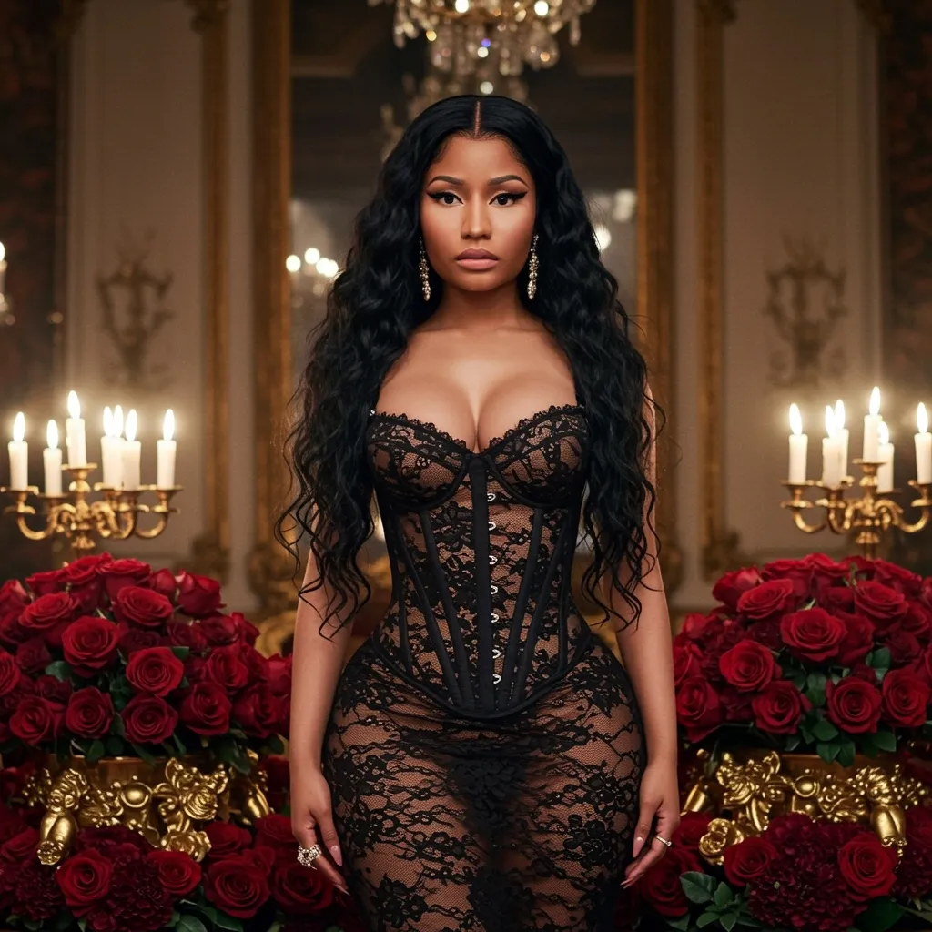 Prompt: Nicki Minaj wearing Dolce&Gabbana corset tubino dress in black sangallo