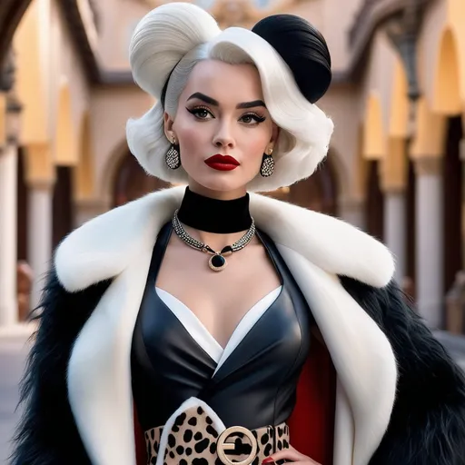 Prompt: Hyper realistic Cruella wearing a very detailed Fendi Outfit in a Disney Movie