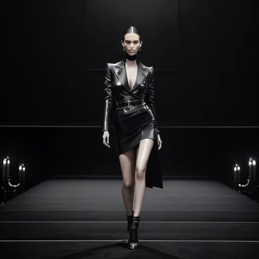 Prompt: Saint Laurent (fashion brand inspiration), high fashion, elegant silhouette, modern chic, luxurious textures, dark and moody color palette, refined detailing, minimalist backdrop, high-end runway atmosphere, glamorous flair, sophisticated accessories, captivating compositions, visually stunning, ultra-detailed, 4K, cinematic lighting, classy ambiance.