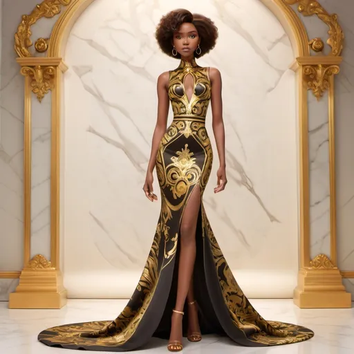 Prompt: A stunning vision of a Versace dress, illuminated by glamorous, high-contrast lighting that emphasizes its opulent gold accents and intricate patterns. The dress flows elegantly, with bold, daring cuts and a form-fitting silhouette that exudes confidence and luxury. Set against a sleek, minimalist backdrop with subtle marble textures, soft spotlighting creates a sense of drama and allure, highlighting the shimmering fabric and ornate detailing. The overall mood is decadent and sophisticated, evoking high fashion runway elegance in a cinematic, photorealistic style.
